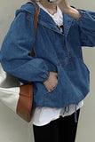 Chouyatou Women Hooded 1/2 Button Down Pullover Denim Jacket Hoodie Boyfriend Casual Jean Sweatshirt Top