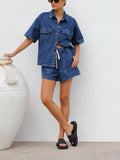 chouyatou Women's Summer Denim 2 Piece Outfits Short Sleeve Button Down Shirt Elastic Waist Wide Leg Shorts Matching Set