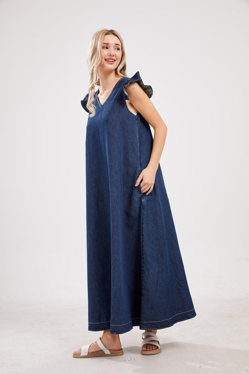 Chouyatou Womens Long Denim Dress Casual Loose Fit Ruffle Sleeveless V-Neck Jean Maxi Dresses for Women