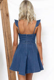 Chouyatou Denim Dress for Women Ruffle Adjustable Strap Sleeveless Backless Babydoll Mini Jean Dresses