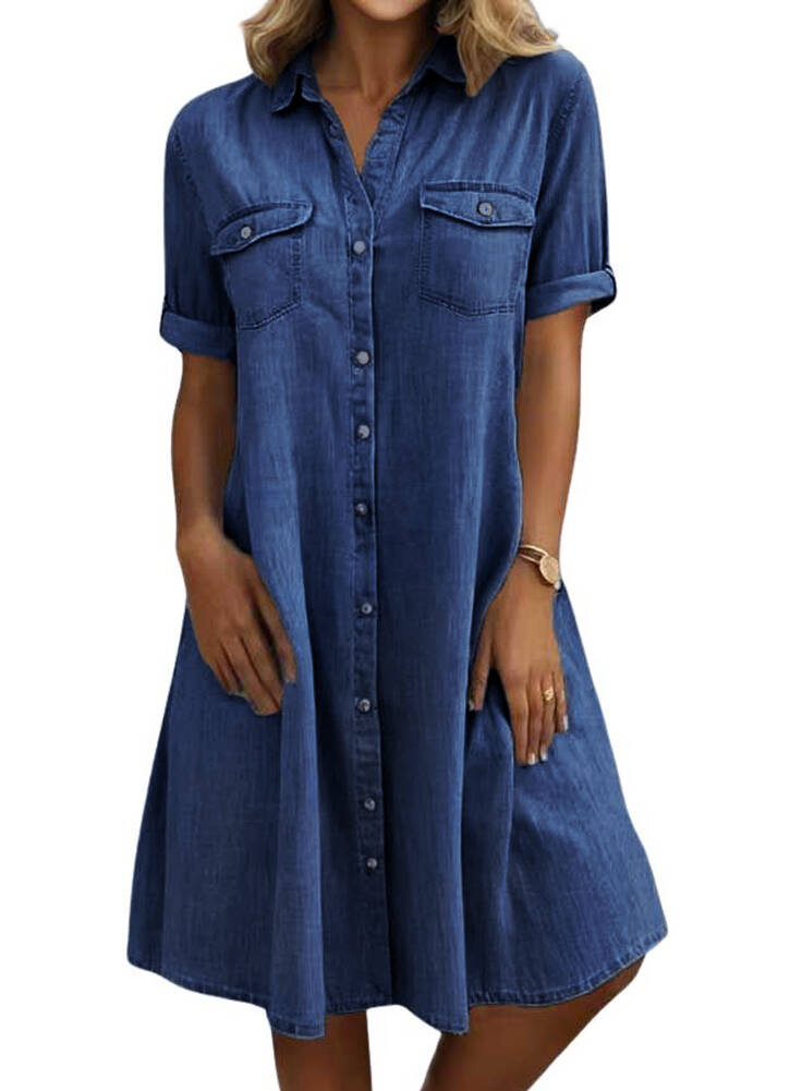 Chouyatou Women's Summer Short Sleeve Denim Shirt Dress Business Casual Button Down Midi Long Jean Dress