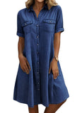 Chouyatou Women's Summer Short Sleeve Denim Shirt Dress Business Casual Button Down Midi Long Jean Dress