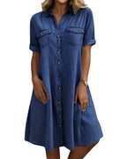 Chouyatou Women's Summer Short Sleeve Denim Shirt Dress Business Casual Button Down Midi Long Jean Dress