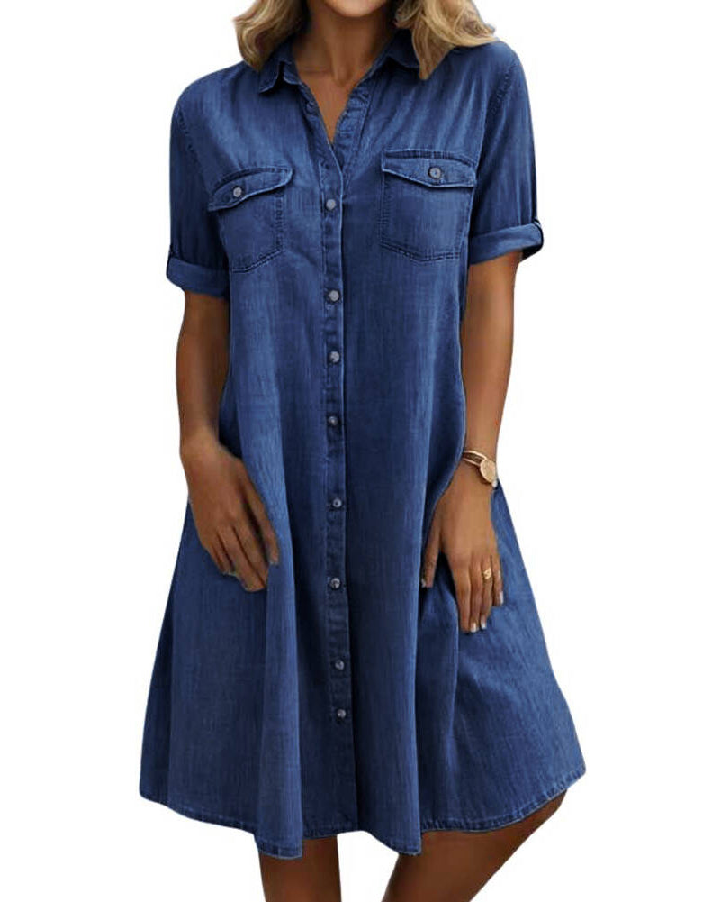 Chouyatou Women's Summer Short Sleeve Denim Shirt Dress Business Casual Button Down Midi Long Jean Dress