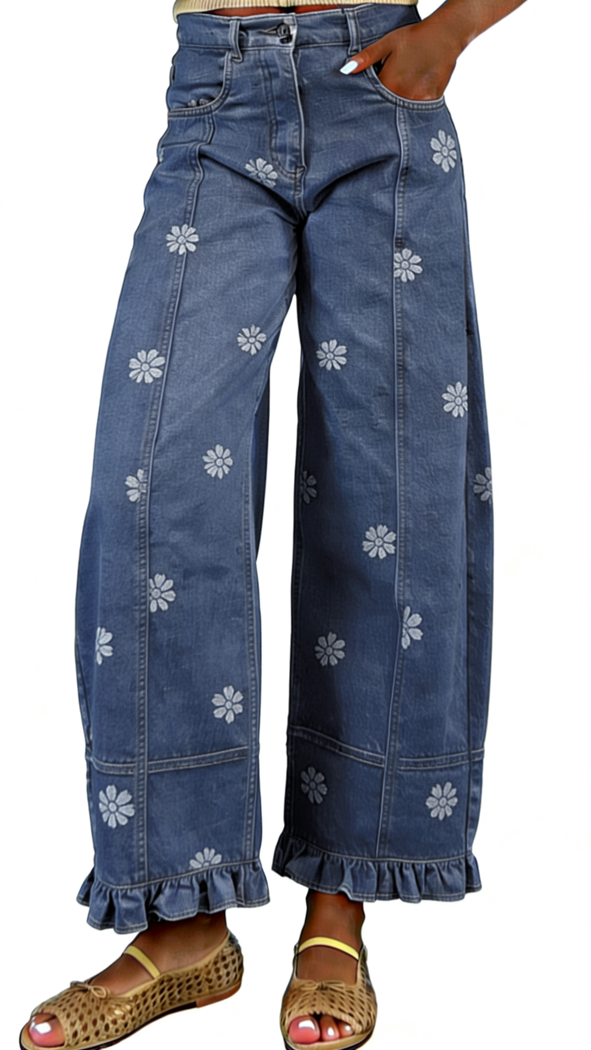 Chouyatou Barrel Jeans Women Floral Print Wide Leg Jeans Y2k Patchwork Baggy Boyfriend Denim Pants