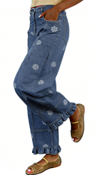 Chouyatou Barrel Jeans Women Floral Print Wide Leg Jeans Y2k Patchwork Baggy Boyfriend Denim Pants