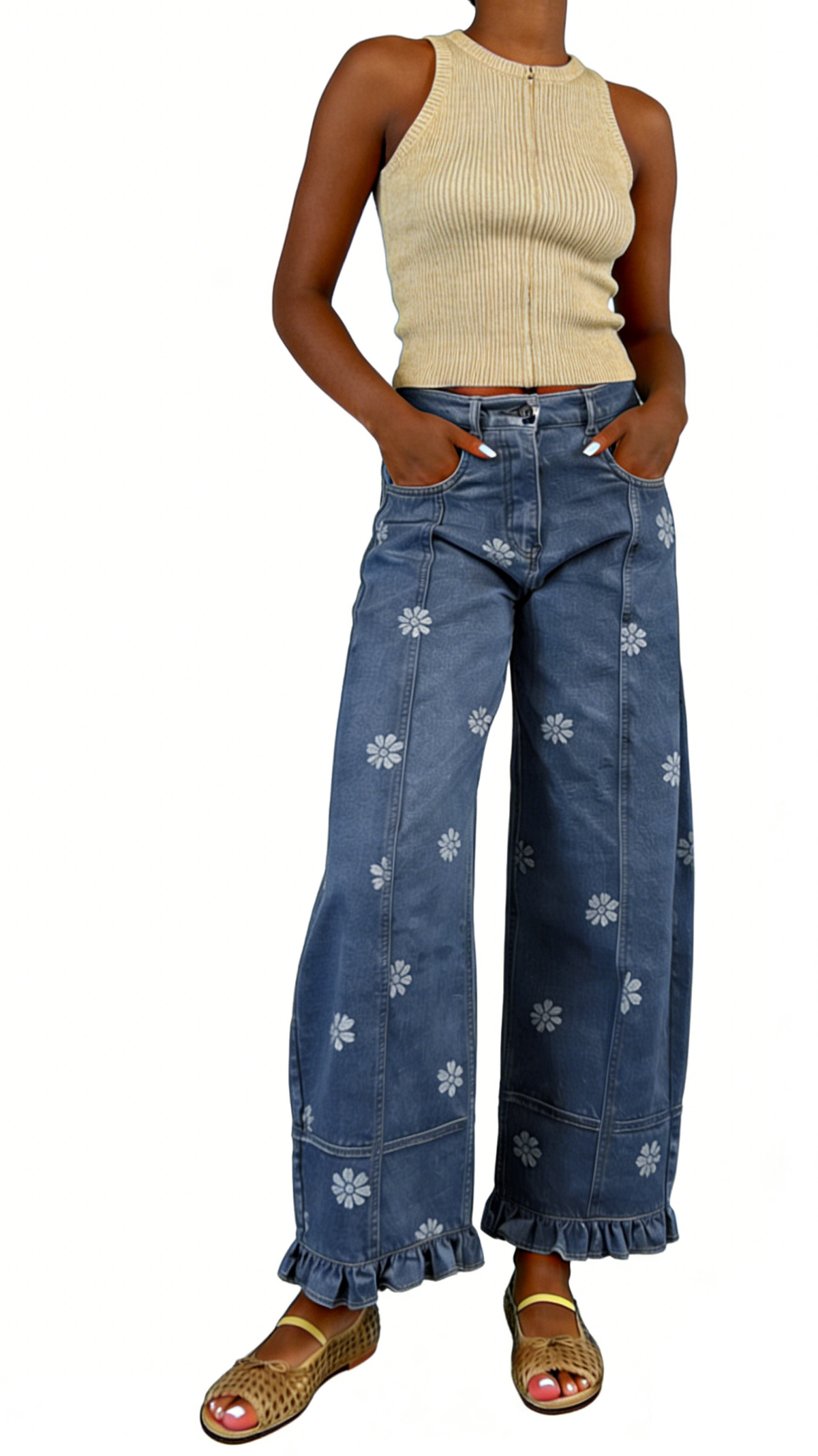 Chouyatou Barrel Jeans Women Floral Print Wide Leg Jeans Y2k Patchwork Baggy Boyfriend Denim Pants