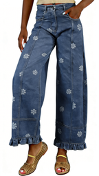 Chouyatou Barrel Jeans Women Floral Print Wide Leg Jeans Y2k Patchwork Baggy Boyfriend Denim Pants