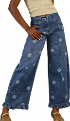 Chouyatou Barrel Jeans Women Floral Print Wide Leg Jeans Y2k Patchwork Baggy Boyfriend Denim Pants