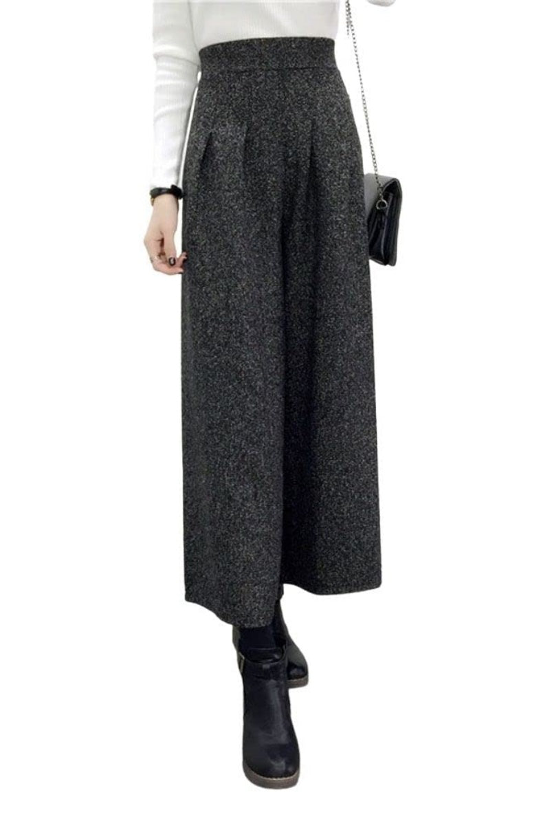 Chouyatou Women's Winter High Waist Wide Leg Plaid Wool Blend Palazzo Capri Pants Culottes with Pockets