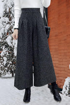 Chouyatou Women's Winter High Waist Wide Leg Plaid Wool Blend Palazzo Capri Pants Culottes with Pockets