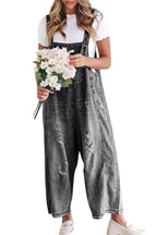 Chouyatou Women's Casual Adjustable Straps Denim Bib Overalls Distressed Ripped Wide Leg Jeans Long Pants Jumpsuits