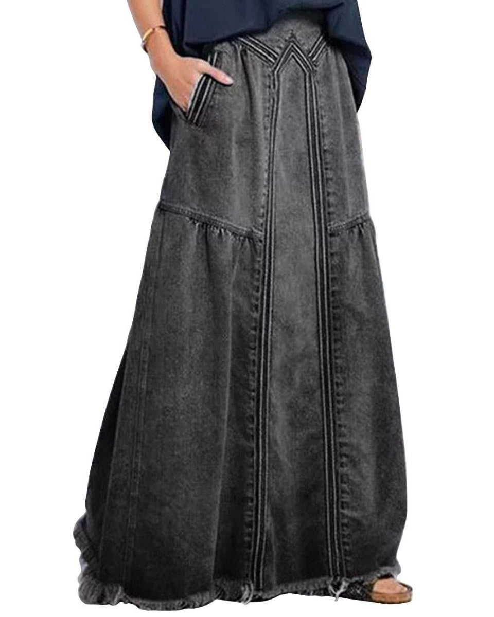 Chouyatou Women's Casual Elastic Waist Frayed Hem A-Line Distressed Hippie Long Maxi Denim Skirt