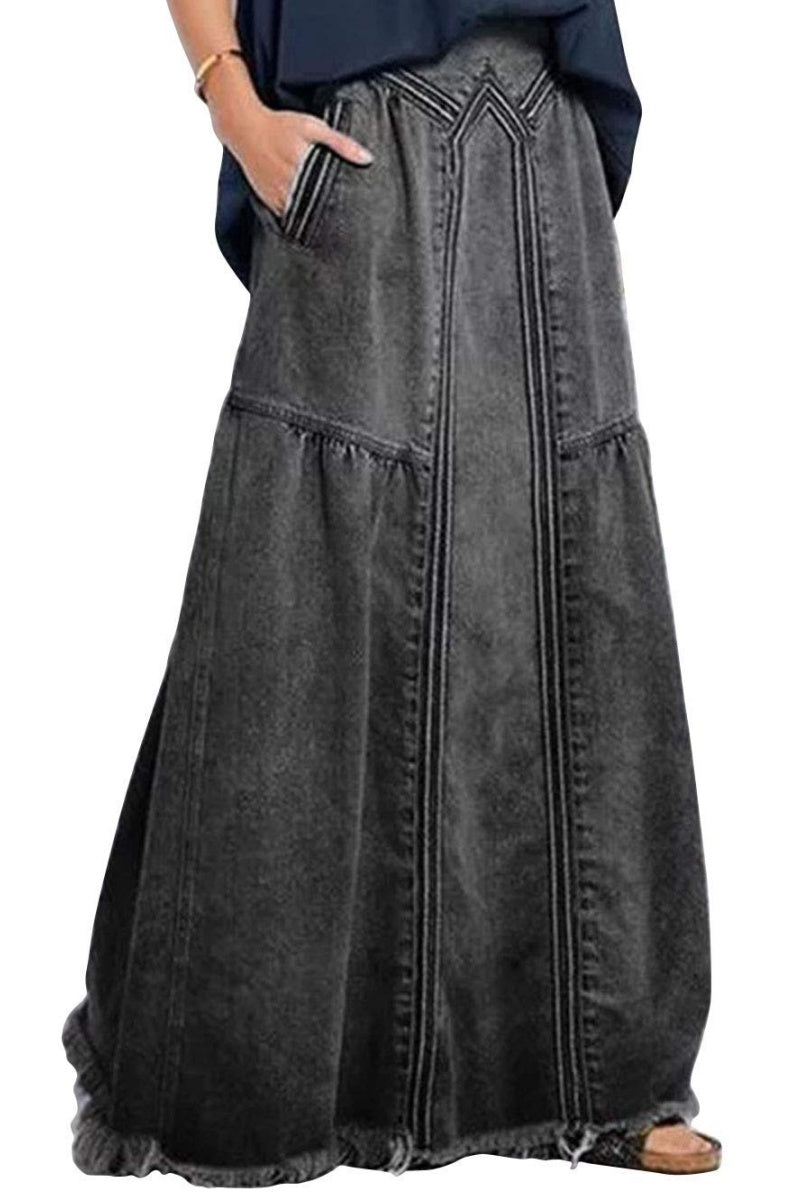 Chouyatou Women's Casual Elastic Waist Frayed Hem A-Line Distressed Hippie Long Maxi Denim Skirt