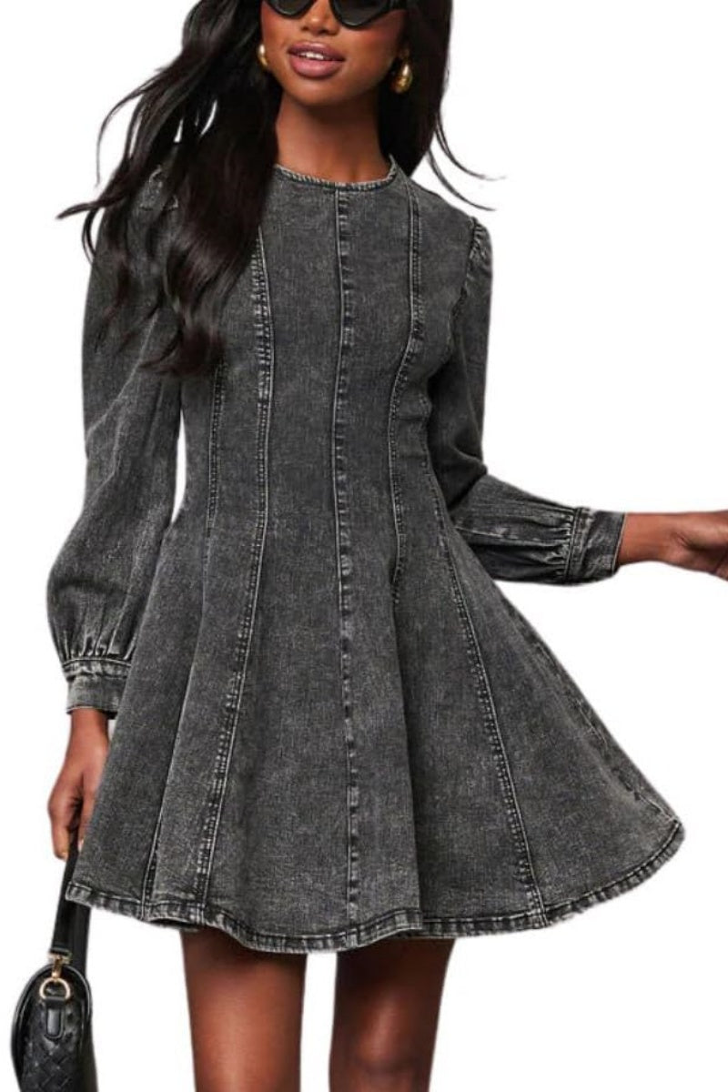 Chouyatou Women Fall Long Sleeve Denim Mini Dress Stretchy Slim Fit Ruffle Swing A Line Jean Dresses