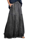 Chouyatou Women's Casual Elastic Waist Frayed Hem A-Line Distressed Hippie Long Maxi Denim Skirt
