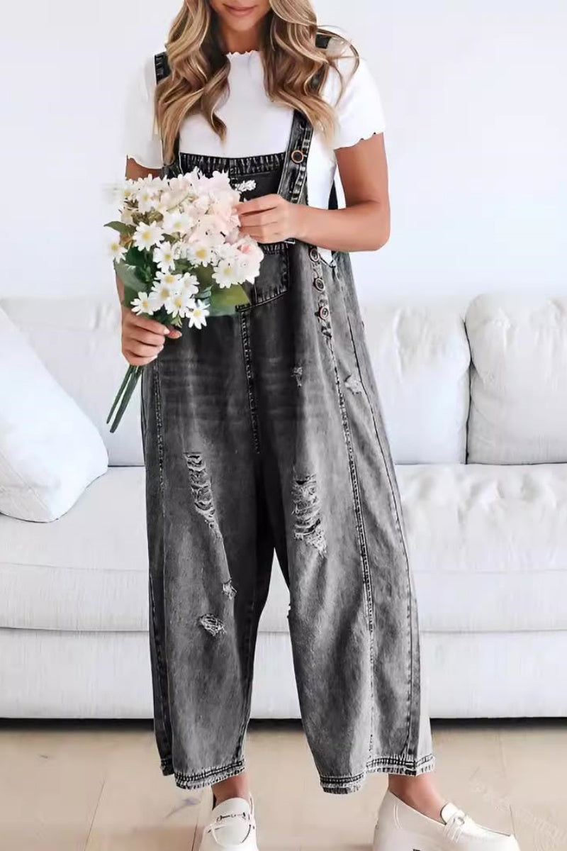 Chouyatou Women's Casual Adjustable Straps Denim Bib Overalls Distressed Ripped Wide Leg Jeans Long Pants Jumpsuits