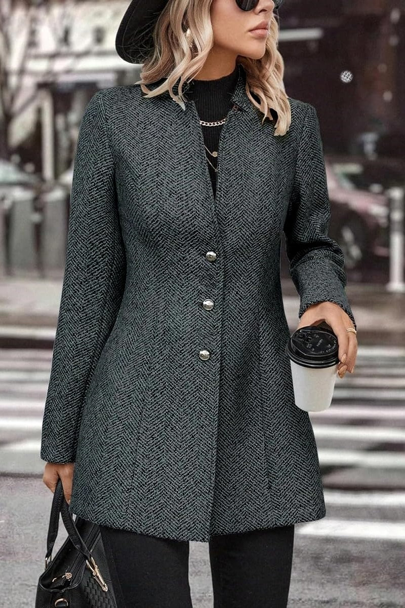 Chouyatou Women's Business Casual Herringbone Wool Coat Button Up Notch Collar Dressy Blazer Jacket