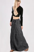 Chouyatou Women's Casual Elastic Waist Frayed Hem A-Line Distressed Hippie Long Maxi Denim Skirt