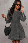 Chouyatou Women Fall Long Sleeve Denim Mini Dress Stretchy Slim Fit Ruffle Swing A Line Jean Dresses