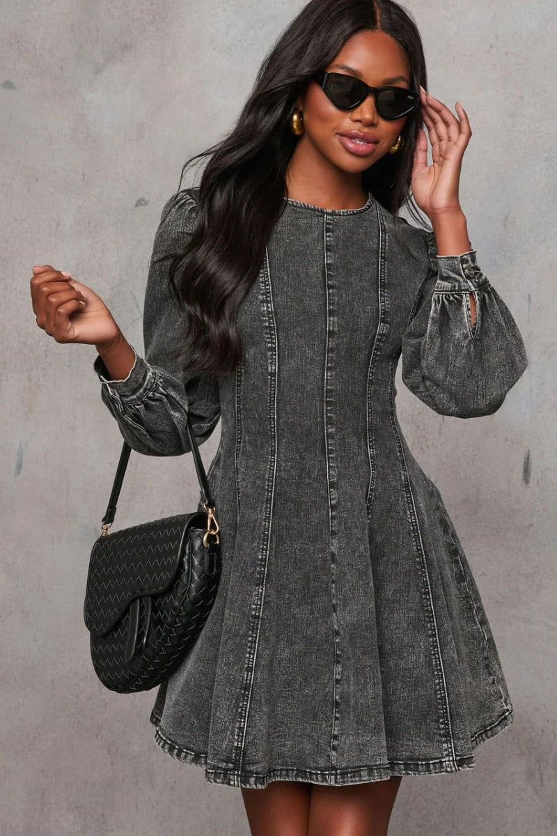 Chouyatou Women Fall Long Sleeve Denim Mini Dress Stretchy Slim Fit Ruffle Swing A Line Jean Dresses