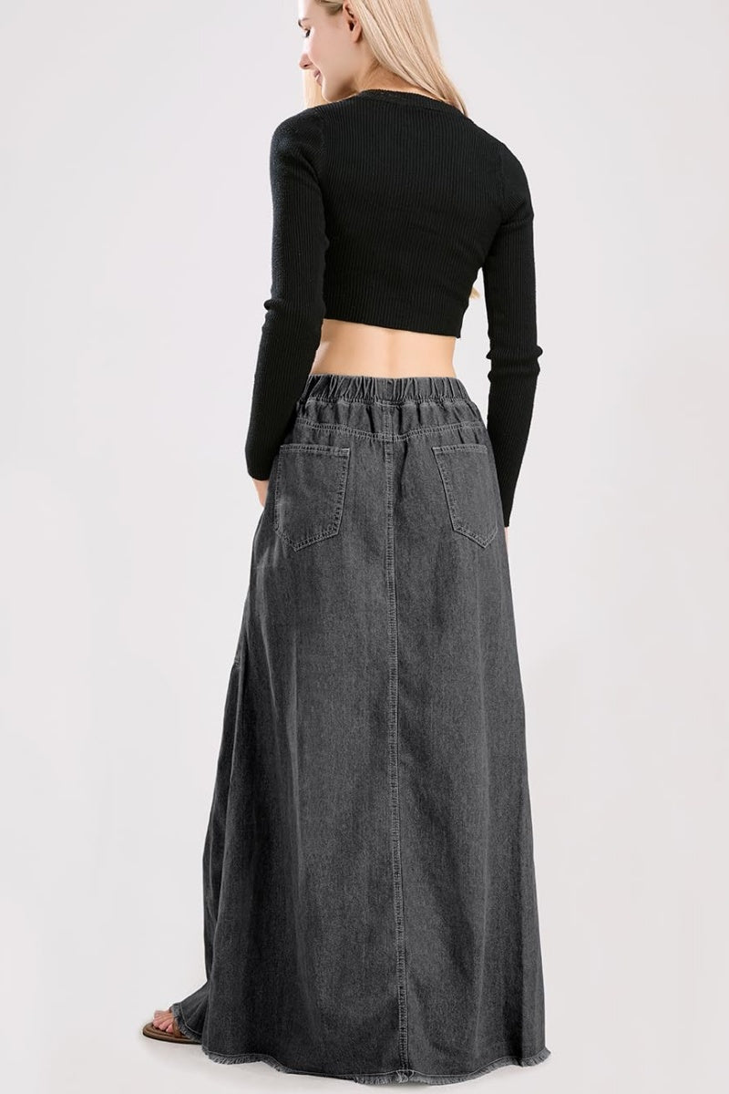 Chouyatou Women's Casual Elastic Waist Frayed Hem A-Line Distressed Hippie Long Maxi Denim Skirt
