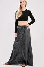 Chouyatou Women's Casual Elastic Waist Frayed Hem A-Line Distressed Hippie Long Maxi Denim Skirt