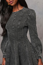 Chouyatou Women Fall Long Sleeve Denim Mini Dress Stretchy Slim Fit Ruffle Swing A Line Jean Dresses