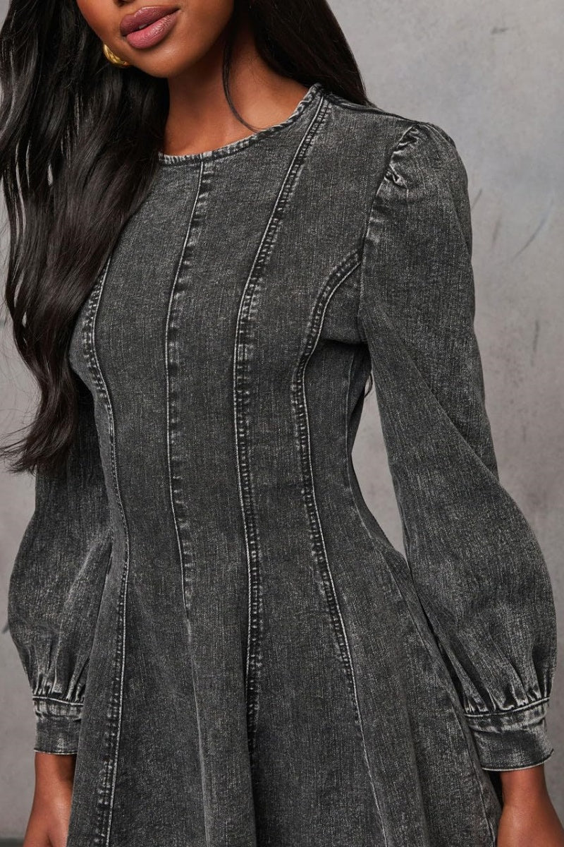 Chouyatou Women Fall Long Sleeve Denim Mini Dress Stretchy Slim Fit Ruffle Swing A Line Jean Dresses