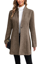 Chouyatou Womens Long Sleeve Casual Wool Jacket Blazer 1 Button Winter Coat Mid-Long Stand Collar Open Front Overcoat
