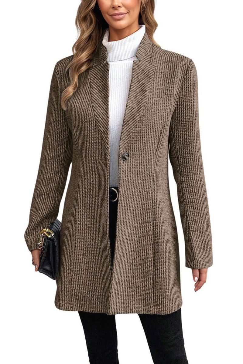 Chouyatou Womens Long Sleeve Casual Wool Jacket Blazer 1 Button Winter Coat Mid-Long Stand Collar Open Front Overcoat