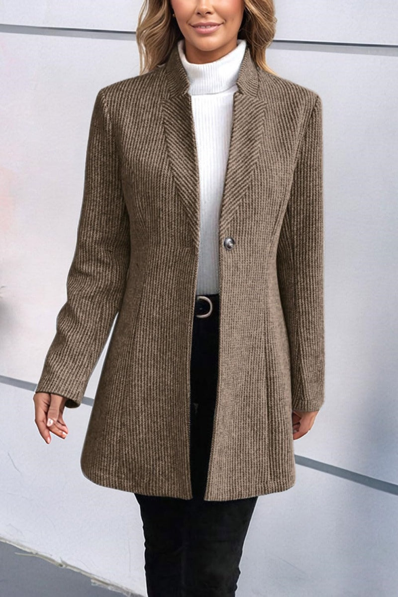 Chouyatou Womens Long Sleeve Casual Wool Jacket Blazer 1 Button Winter Coat Mid-Long Stand Collar Open Front Overcoat