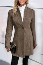 Chouyatou Womens Long Sleeve Casual Wool Jacket Blazer 1 Button Winter Coat Mid-Long Stand Collar Open Front Overcoat