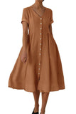 Chouyatou Women's Summer Fit and Flare Swing Cotton Dress Casual V-Neck Button Down Beach Midi Dress