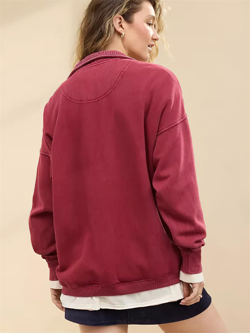 Chouyatou Women's Fashion V Neck Snap Button Long Sleeve Casual Loose Pullover Sweatshirt Activewear