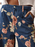 Chouyatou Women Mid Rise Cropped Wide Leg Jeans Baggy Floral Ankle Pants Denim Capris Flare Print Boho Palazzo Jeans Boyfriend