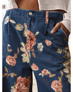 Chouyatou Women Mid Rise Cropped Wide Leg Jeans Baggy Floral Ankle Pants Denim Capris Flare Print Boho Palazzo Jeans Boyfriend