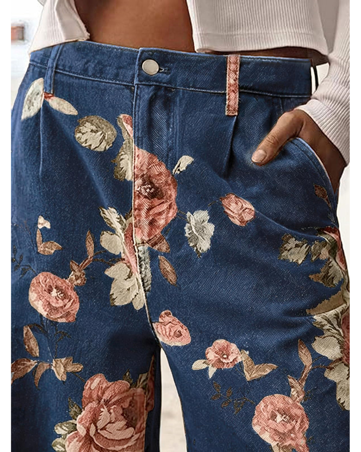 Chouyatou Women Mid Rise Cropped Wide Leg Jeans Baggy Floral Ankle Pants Denim Capris Flare Print Boho Palazzo Jeans Boyfriend