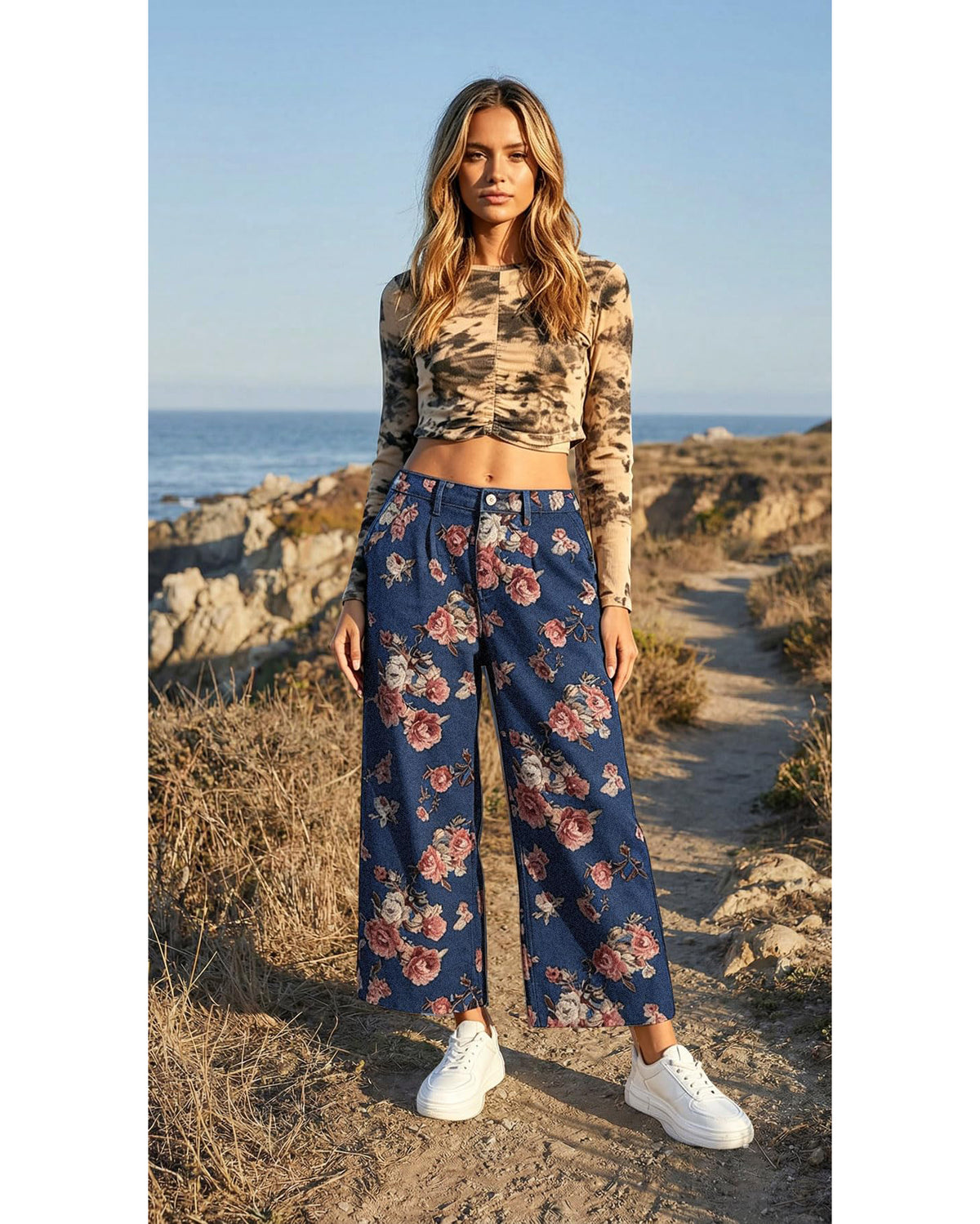 Chouyatou Women Mid Rise Cropped Wide Leg Jeans Baggy Floral Ankle Pants Denim Capris Flare Print Boho Palazzo Jeans Boyfriend
