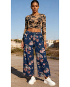 Chouyatou Women Mid Rise Cropped Wide Leg Jeans Baggy Floral Ankle Pants Denim Capris Flare Print Boho Palazzo Jeans Boyfriend