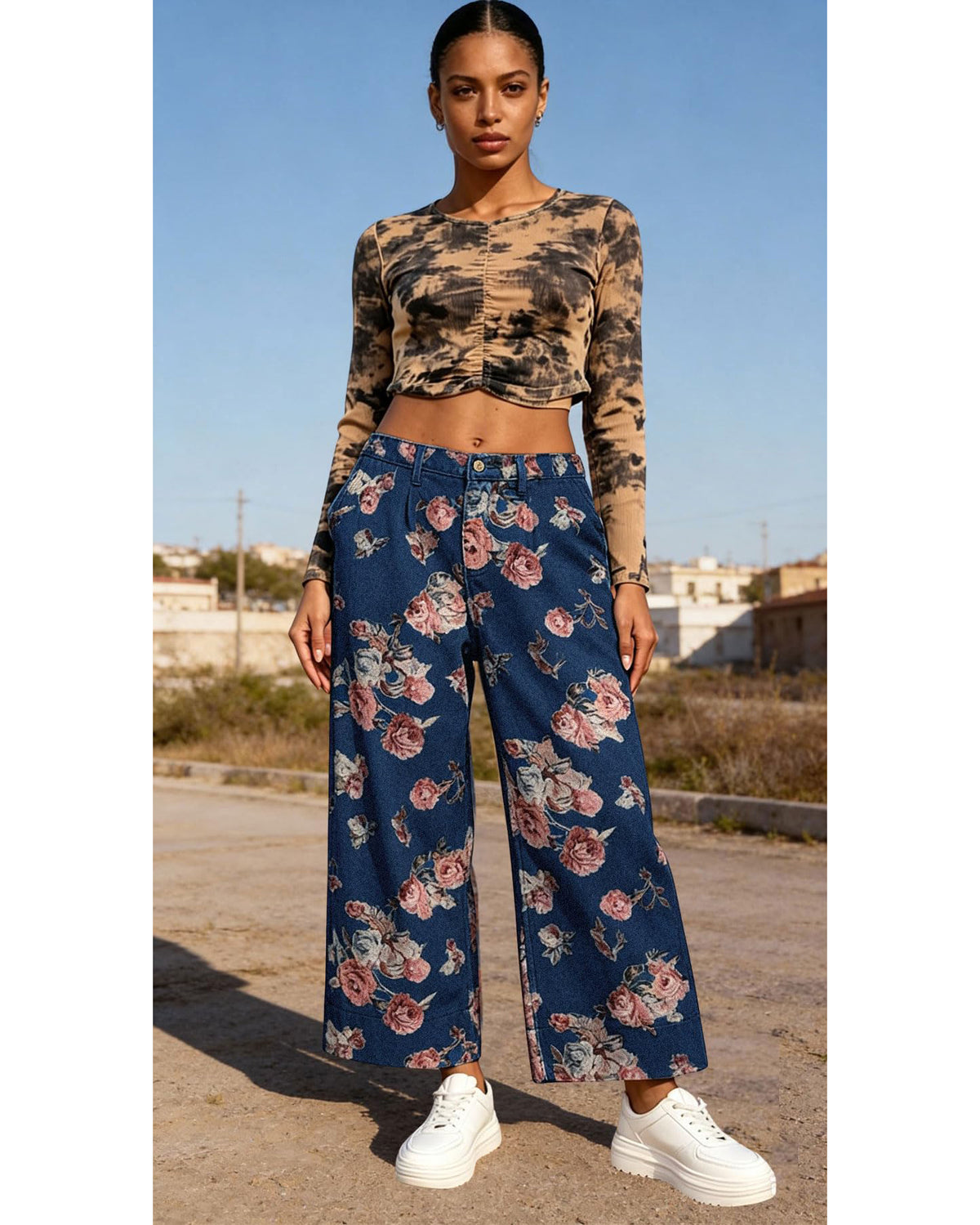 Chouyatou Women Mid Rise Cropped Wide Leg Jeans Baggy Floral Ankle Pants Denim Capris Flare Print Boho Palazzo Jeans Boyfriend