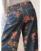 Chouyatou Women Mid Rise Cropped Wide Leg Jeans Baggy Floral Ankle Pants Denim Capris Flare Print Boho Palazzo Jeans Boyfriend