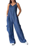 Chouyatou Womens Denim Overalls Jumpsuits Casual V-Neck Adjustable Straps Wide Leg Cargo Pants Twill Chino Bib Overalls