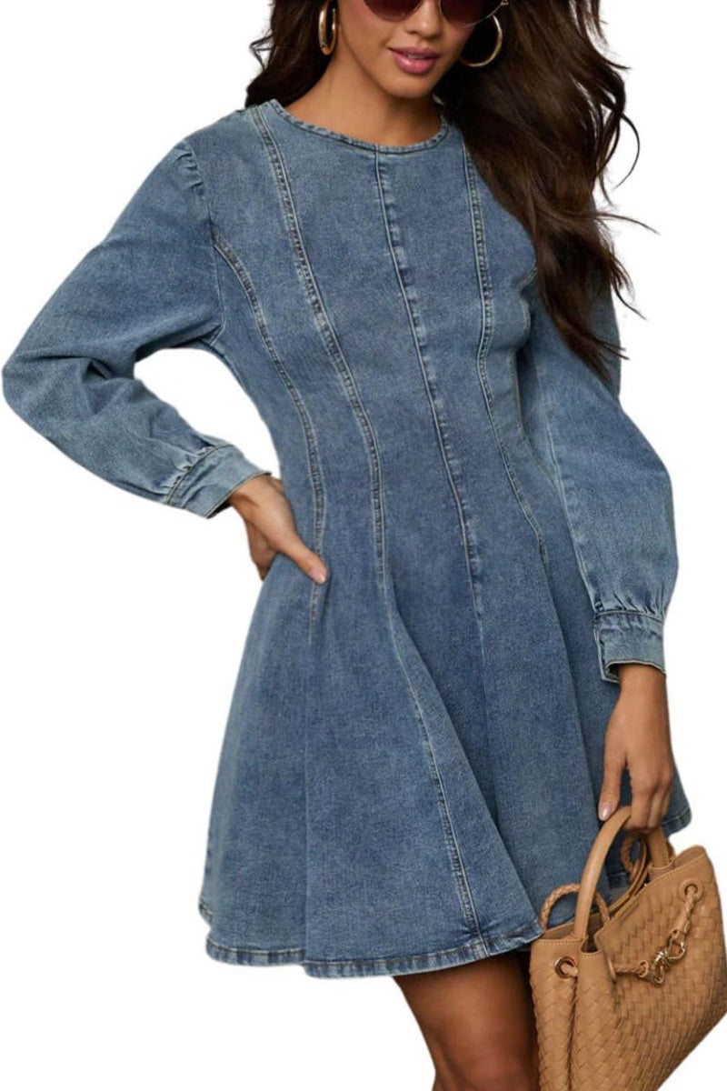 Chouyatou Women 2025 Fall Long Sleeve Denim Mini Dress Stretchy Slim F CHOUYATOU Chouyatou Women 2025 Fall Long Sleeve Denim Mini Dress Stretchy Slim F CHOUYATOU