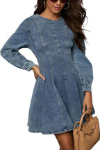 Chouyatou Women Fall Long Sleeve Denim Mini Dress Stretchy Slim Fit Ruffle Swing A Line Jean Dresses