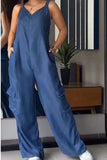Chouyatou Womens Denim Overalls Jumpsuits Casual V-Neck Adjustable Straps Wide Leg Cargo Pants Twill Chino Bib Overalls