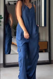 Chouyatou Womens Denim Overalls Jumpsuits Casual V-Neck Adjustable Straps Wide Leg Cargo Pants Twill Chino Bib Overalls