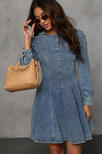 Chouyatou Women Fall Long Sleeve Denim Mini Dress Stretchy Slim Fit Ruffle Swing A Line Jean Dresses