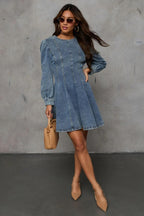 Chouyatou Women Fall Long Sleeve Denim Mini Dress Stretchy Slim Fit Ruffle Swing A Line Jean Dresses