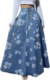 Chouyatou Women's Retro High Waisted Button Fly Flared Long Jean Skirts Pleated Flowy Swing A-line Denim Maxi Skirts
